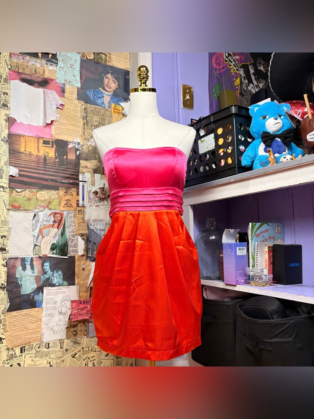 Pink & Orange Strapless Satin Dress